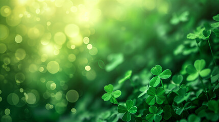 Fototapeta premium Green background, Saint Patrick day abstract background. Green clover leaves on beautiful bokeh background , Ai generated image