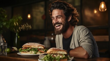 Laughing man with sandwiches