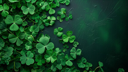 St patrick background, Saint Patricks day backdrop with close up stack of chocolate coins with green four-leafed paper shamrocks, Ai generated image  - obrazy, fototapety, plakaty