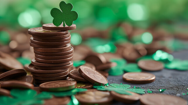 Coins on a leaf, Saint Patricks day backdrop with close up stack of chocolate coins with green four-leafed paper shamrocks, Ai generated image 