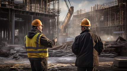  two engineers engaged in conversation at a construction site. The image focuses on the engineers discussing plans and details, with the construction environment as the backdrop