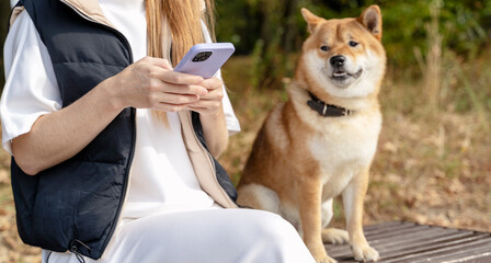 A girl in the park with a shiba inu and a smartphone