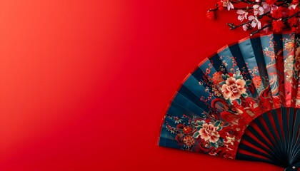 Elegant Chinese Fan on Red Background