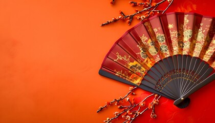 Elegant Chinese Fan on Red Background