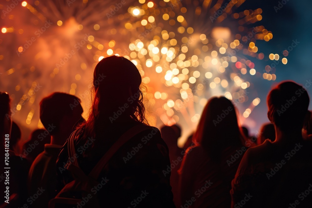 Poster fireworks illuminate the night as onlookers enjoy the festive pyrotechnic display