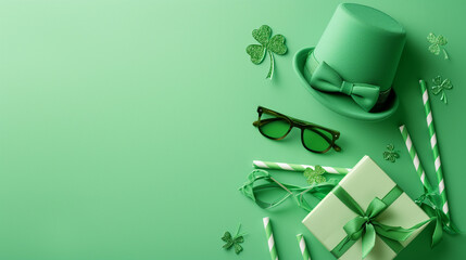 Green gift box with ribbon, Top view photo of st patricks day decorations hat shaped party glasses green bow-tie shamrocks confetti straws and giftbox on isolated pastel green background with copyspac - obrazy, fototapety, plakaty