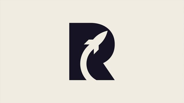 animation of letter R monogram with a flying rocket ship silhouette icon