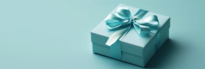 Minimalistic teal gift box with a sleek ribbon, perfect contrast on a soft green background - obrazy, fototapety, plakaty