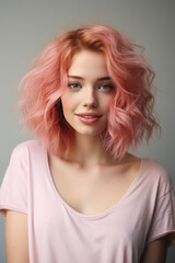 Portrait of beautiful young woman with pink hair. Studio shot .