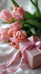 Pastel pink tulips and gift box with a silky ribbon, perfect for a gentle celebration