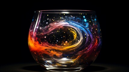 A glass filled with swirling multicolored liquid, resembling a mesmerizing cosmic nebula.