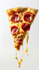 A gravity-defying pepperoni pizza slice with vibrant cheese drip on a white backdrop