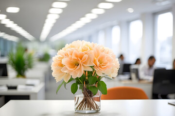 Office atmosphere, work process, bouquet of flowers in focus on office background