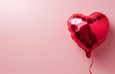 A red shiny balloon in the shape of a heart on a pink background. Holiday, Valentine's day, love. Photorealistic, background with bokeh effect. 