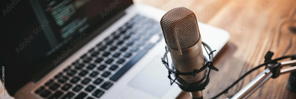 Aufkleber Backlit studio microphone and laptop setup, ideal for podcasters and tech-oriented broadcasting