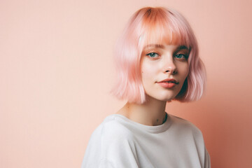 Portrait of a beautiful girl with pink hair on a pink background