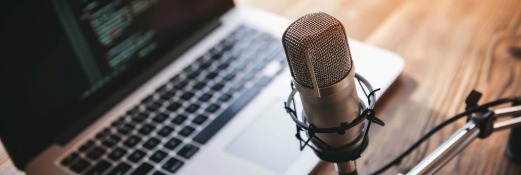 Backlit studio microphone and laptop setup, ideal for podcasters and tech-oriented broadcasting