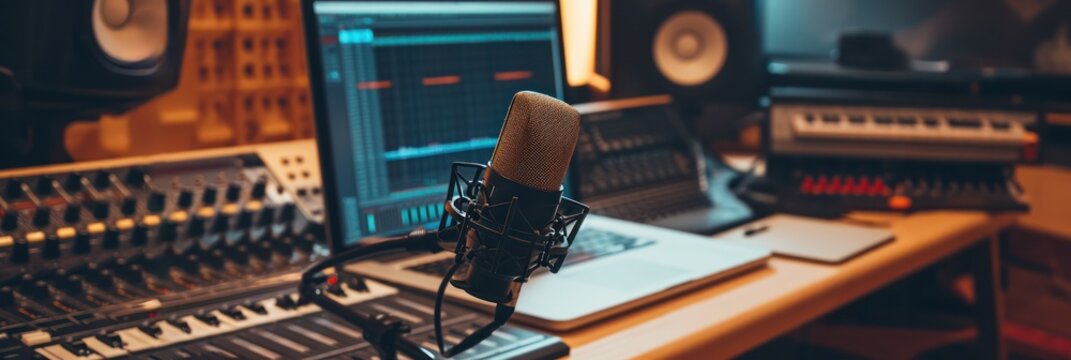 Professional podcast studio setup with microphone, mixer, keyboard, and monitors audio recording