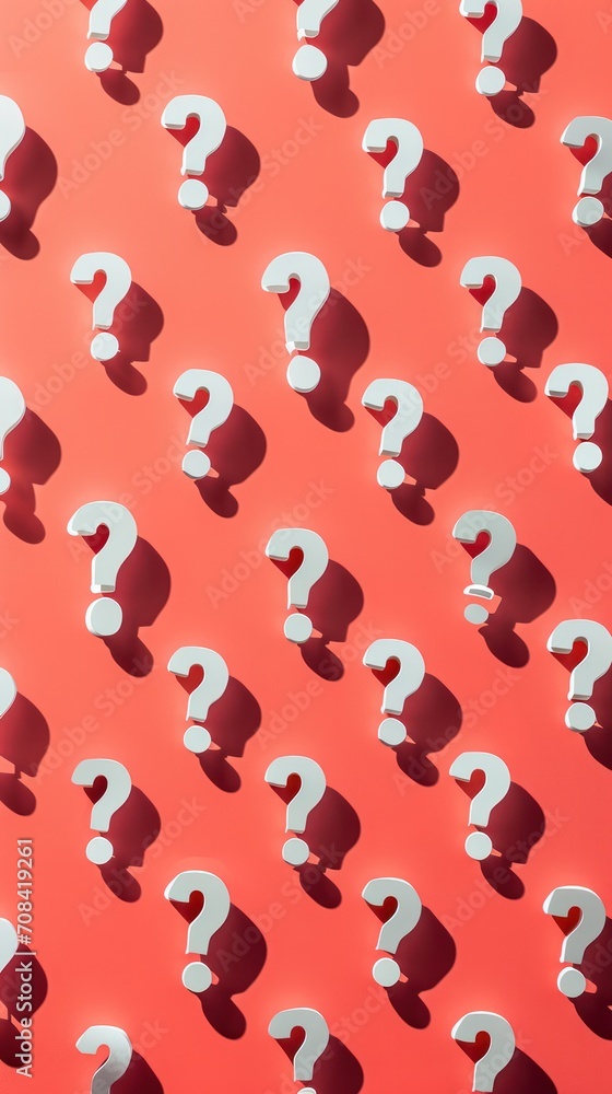 Poster red background with white question marks with shadows , curiosity and the quest for answers