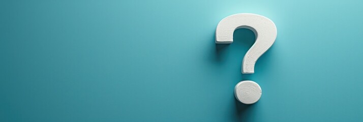 White question mark on teal background, minimalist copy space, symbolizing inquiry and curiosity