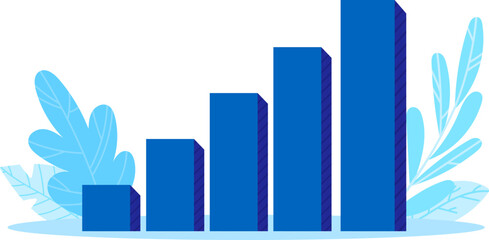 Blue bar graph with rising columns and decorative leaves on a white background. Business growth and financial success concept vector illustration.
