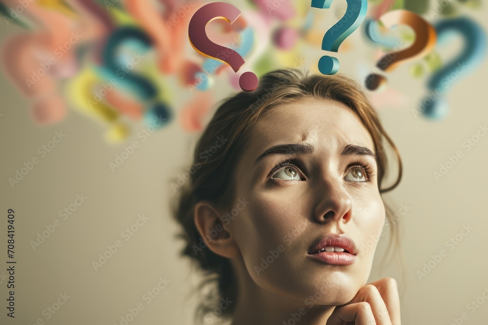 Aufkleber pensive woman with colorful floating question marks, symbolizing thought and decision making