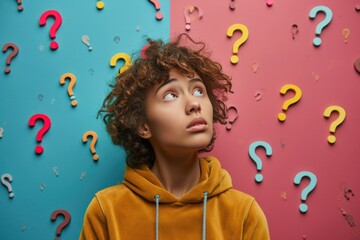 Young girl looking up at question marks, vibrant background expressing curiosity and thought