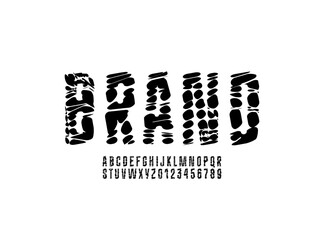 Obraz premium Crushed broken condensed font, narrow alphabet, fragmented fragile letters and numbers, vector illustration 10EPS