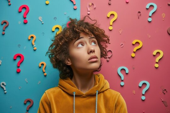 Young girl looking up at question marks, vibrant background expressing curiosity and thought