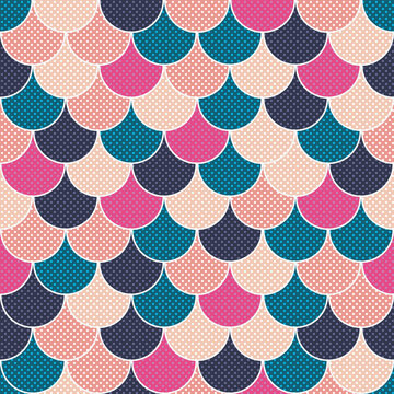 Seamless colorful geometric pattern of circles with dots in retro colors. Vector image