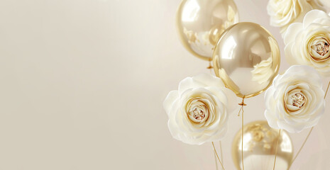 Elegance and Celebration in Pastel Tones. Golden balloons and white roses on a soft beige background, combining celebration with sophisticated floral design