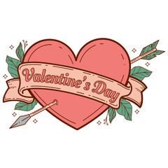 Happy Valentines Day with heart wrapped in ribbon and arrow