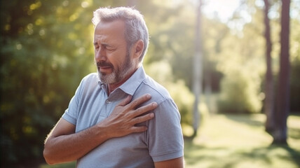 Naklejka na ściany i meble Senior elderly man touching his shoulder, shoulder health problems. Healthcare, insurance