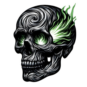Starry skull with green fire illustration, design element for tattoo, t shirt, logo, poster, card, banner, emblem