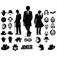 joker face silhouettes , joker  cap set silhouette , joker face set silhouettes - obrazy, fototapety, plakaty