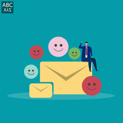 Businessman sends email to communicate as automatic newsletter, letter format includes original and draft, online advertisement or mailing list, internet mailing career.