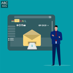Businessman sends email to communicate as automatic newsletter, letter format includes original and draft, online advertisement or mailing list, internet mailing career.