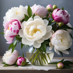 Beautiful bouquet of dark pink, white, soft pink peonies