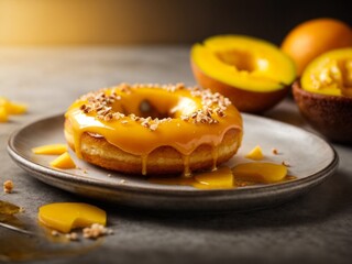 Mango glazed doughnut in studio lighting and background, cinematic food donut photography 