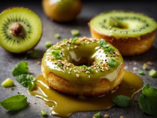 Kiwi glazed doughnut in studio lighting and background, cinematic food donut photography 