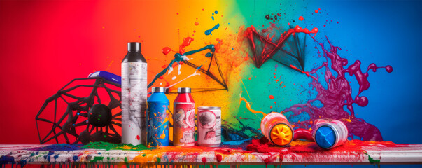 Bright splashes of paint in different colors behind a collection of graffiti cans on the wall and floor showcase the dynamic energy and creativity of street art.