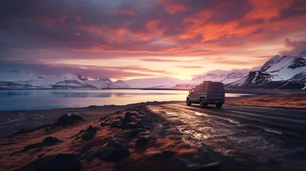 Poster Truck looks out over sunrise landscape © khan