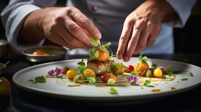 close-up of chef's hands preparing a dish for creative haute cuisine, modern kitchen