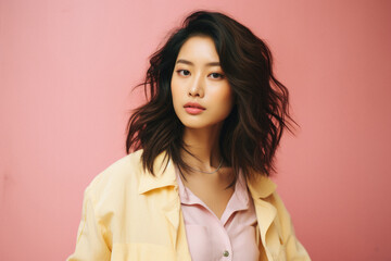 Portrait of a beautiful young asian woman in yellow raincoat on pink background - obrazy, fototapety, plakaty