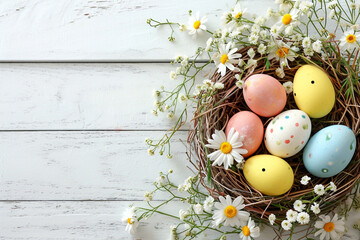 featuring Happy Easter Day colorful eggs, easter eggs and flowers