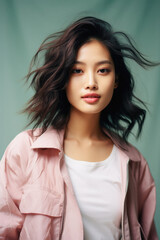 Fototapeta premium Young pretty asian woman in fashion pink coat posing on green background, lifestyle people concept