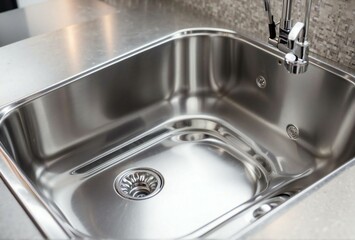a close up stainless steel shiny perfectly clean kitchen sink with a tap