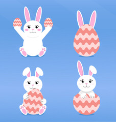 Collection with white rabbits and Easter eggs. Vector illustrations