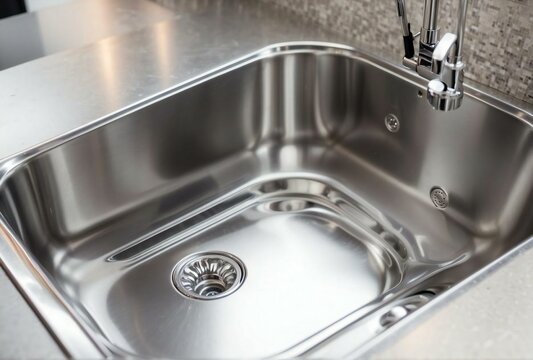 a close up stainless steel shiny perfectly clean kitchen sink with a tap