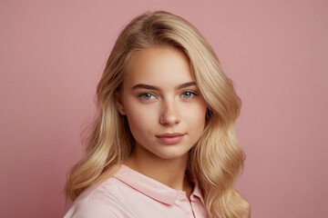 portrait of a young woman blonde hair, pink background
